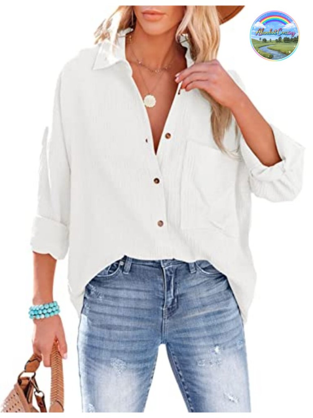 Womens Oversized Cotton Gauze Button Down Shirt V Neck Long Sleeve Blouse Top